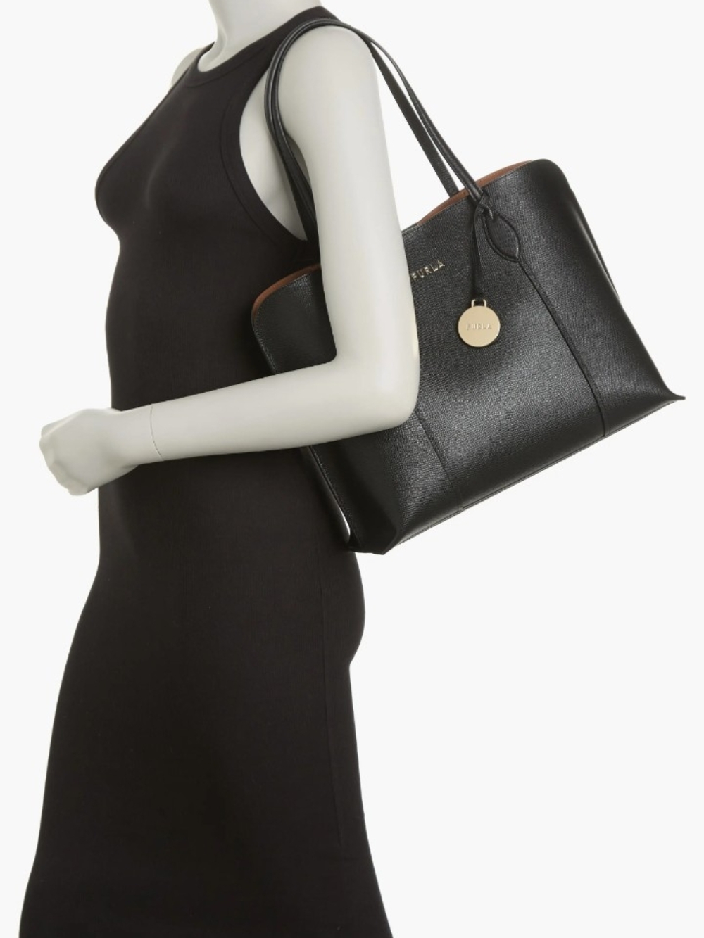 Furla Black Leather 3 Compartment Tote with Gold Charm No Callouts - Picture 2 of 14